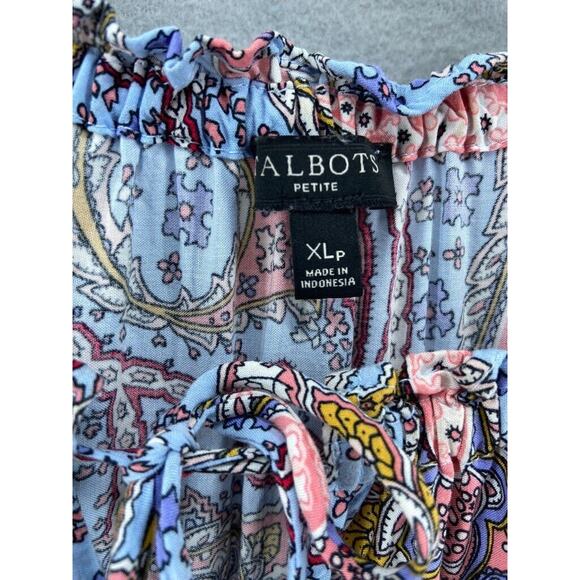 Talbots Shirt Womens Sz XLP Petite Blue Red Tunic Ruffle Tie Neck Lightweight - Picture 5 of 11